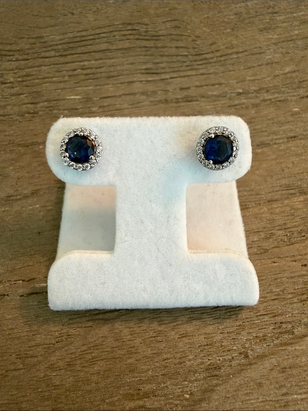 SHAE Sapphire Blue Halo Stud Earrings with Clear Crystal Accents